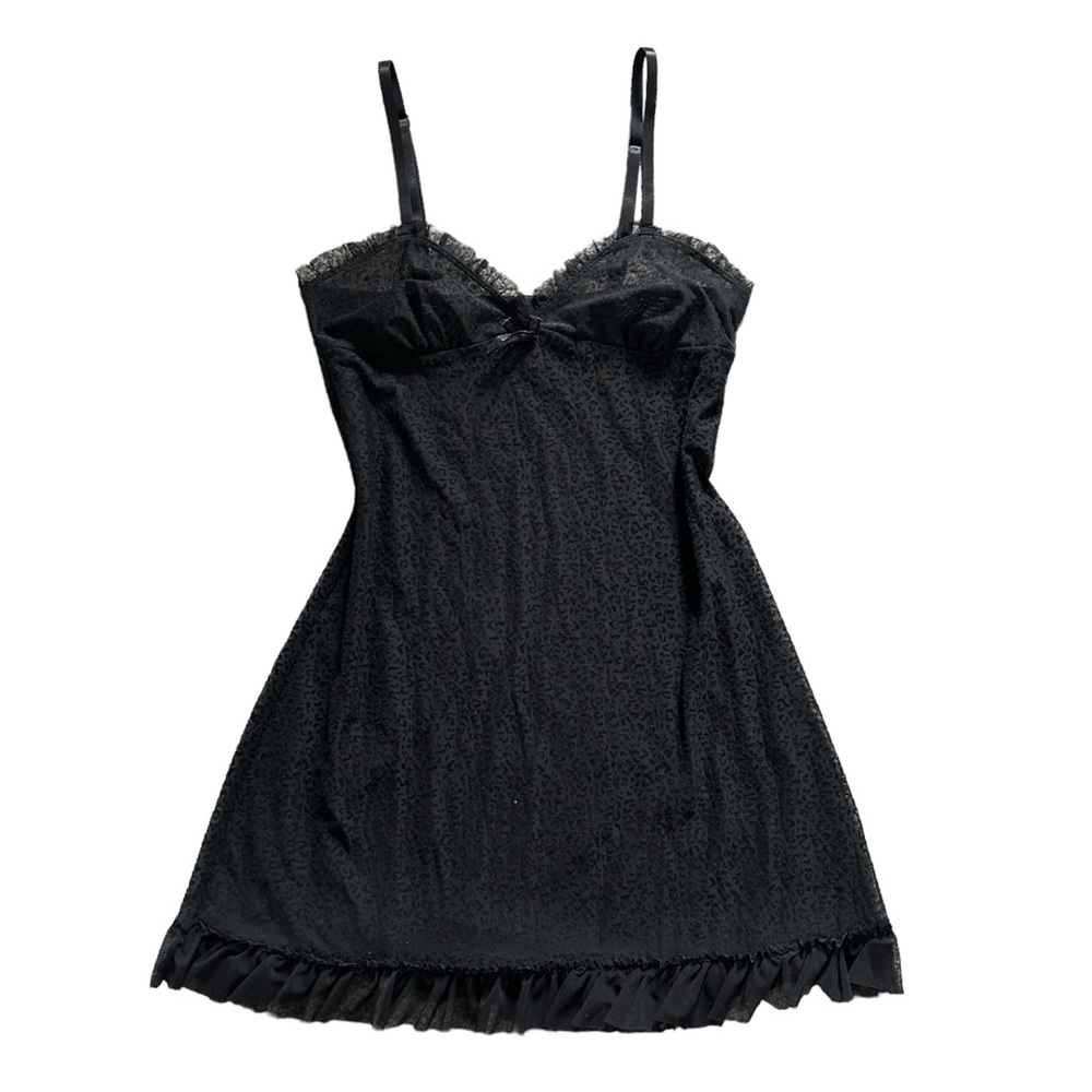 Y2K Black Leopard Print Sheer Mesh Lace Ruffle Trim Slip Mini Dress - Picture 2 of 6